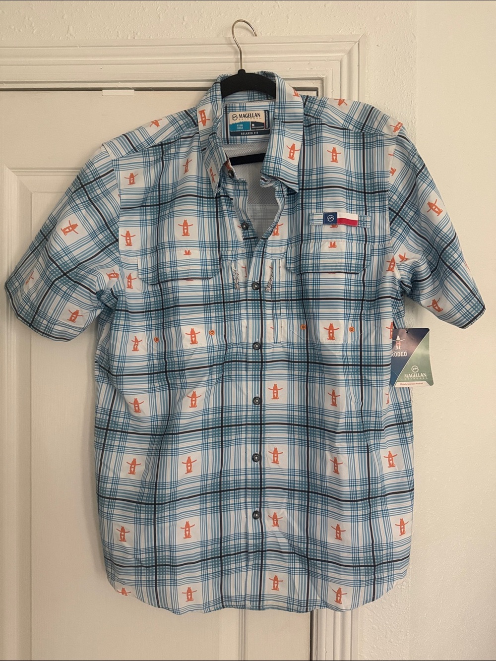 Magellan Outdoors Blue Plaid Short Sleeve Button-Down Shirt Houston Rodeo